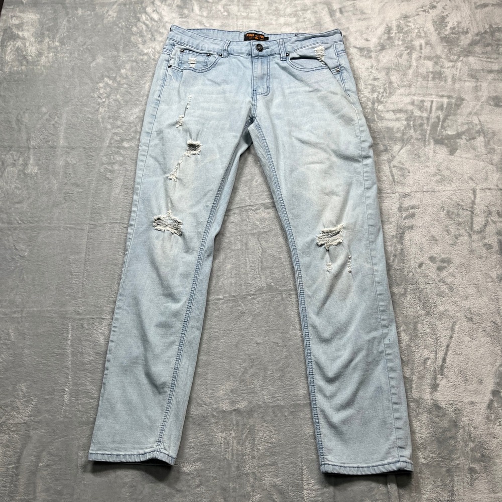 Ring of Fire Slim Jeans Mens Light Wash Blue Distressed Ripped Denim 31x30